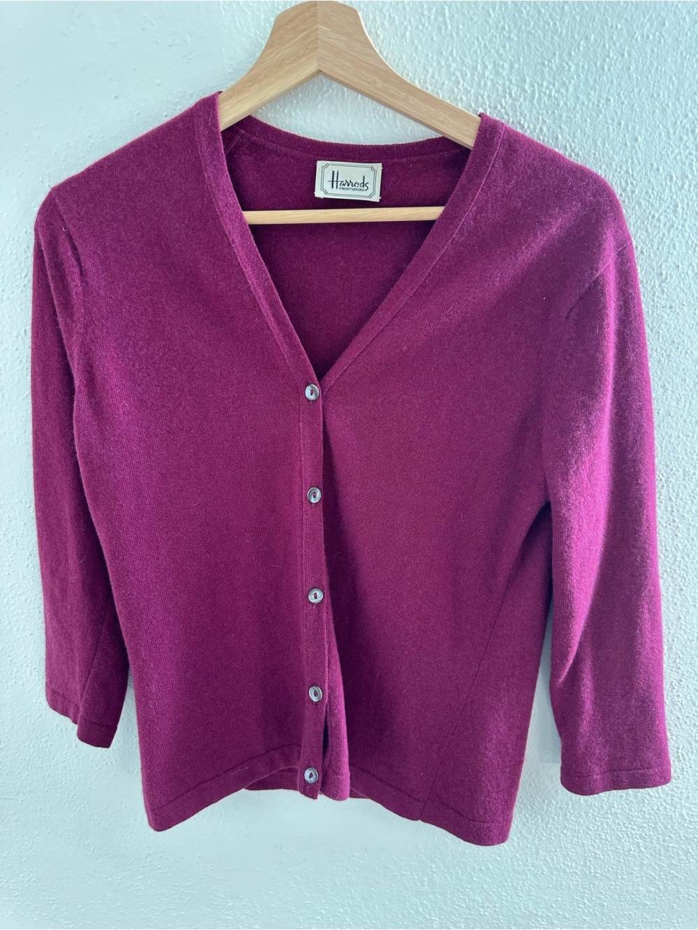Vintage Harrods Cashmere V-Neck Cardigan Scotland Magenta — Fits like S (Tag L)
